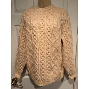 Irish Hand Knit Cable Sweater 100% Wool Cream Fisherman Pullover An Irish Craft
